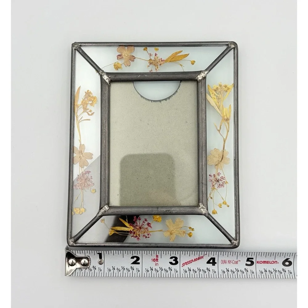 Vtg Stained Glass Picture Frame Real Pressed Flowers Boho Cottage Metal Solder